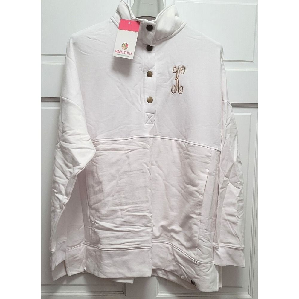 Marley Lilly 1/4 Snap-up Monogrammed Letter K Mock Neckβ Sweatshirt White L/XL